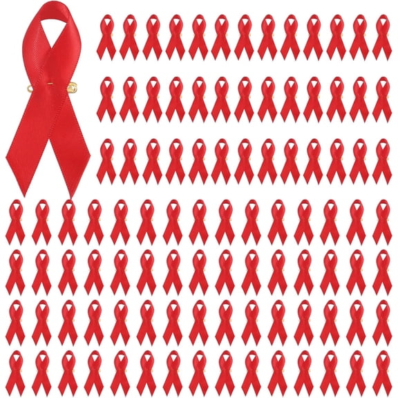 100Pcs Red Ribbons Satin Pins Ribbons with Safety Pins for HIV/AIDS Awareness Prevention DUI Awareness Brooch for Men and Women Charity Event Supplies