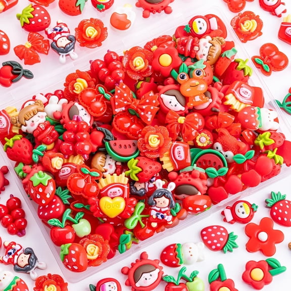 100Pcs Red Slime Charms Assorted Cute Decoden Embellishments, Kawaii Slime Accessories,Candy Heart Bear Bulk Flatback Jelly Resin Charm for Phone Junk Cases,Scrapbooking Crafting & DIY Decoration