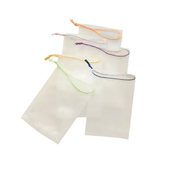 100Pcs Reusable Mesh Soap Pouches With Colorful Ribbon Handle Designs for Bath Body Wash Storage and Grocery Shopping