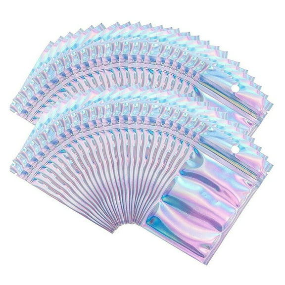 100Pcs Reusable Mylar Bags, Smell Proof Food Storage Bags, Foil Pouch with Zipper, Holographic Packaging Bag, Odor Proof Barrier, for Food Storage, Coffee, Jewelry Protection