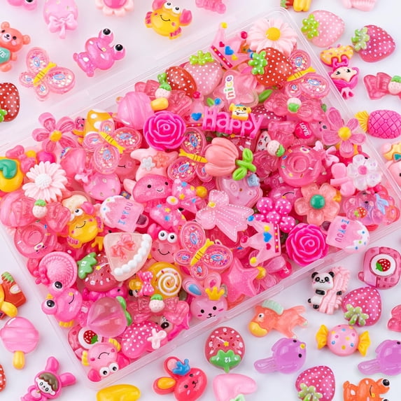 100Pcs Rose Pink Slime Charms Assorted Cute Decoden Embellishments, Kawaii Slime Accessories,Candy Heart Bear Bulk Flatback Jelly Resin Charm for Phone Junk Case,Scrapbooking Crafting&DIY Decoration