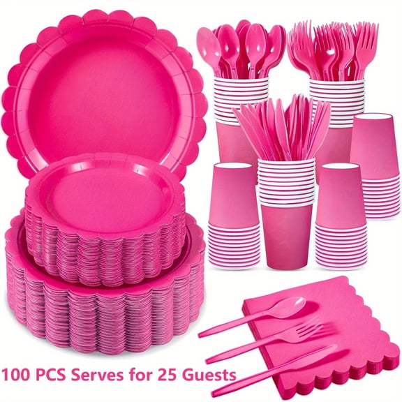 100Pcs Rose Red Party Tableware Set for 25 Guests Disposable Dinnerware Set Plates Cups Napkins Cutlery Scalloped Edge Party Supplies for Birthday Picnic Gathering Event