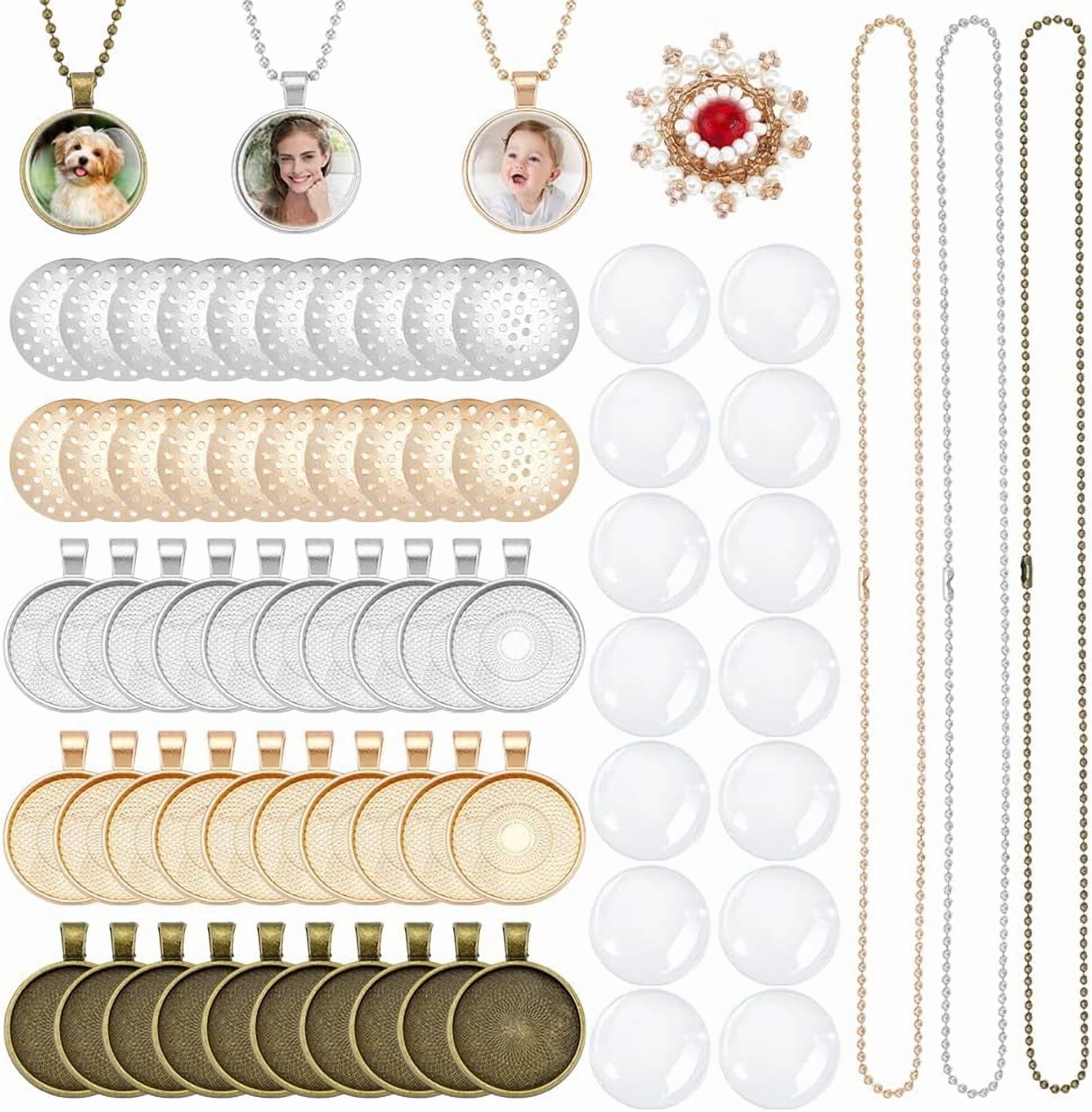 100Pcs Round Bezel Pendant Tray Kits 3 Styles Alloy Cabochon Charm Settings with Dome Glass Cabochons Chains and Brooch Sieve Findings DIY Craft Supplies
