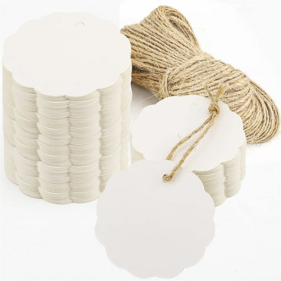 100Pcs Round Cloud Gift Tags,Craft Scalloped Price Tags,White Paper Thank You Tags with Natural Jute Twines,Blank Hang Tags,for Birthday Wedding Party Gift Decoration