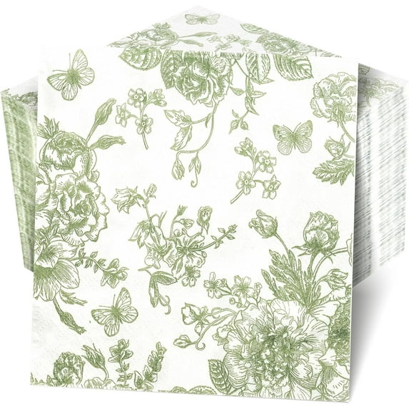 100Pcs Sage Green Floral Napkins Beverage Cocktail Napkin Disposable Green Paper Dinner Napkin Fancy Decorative Hydrangea Flower Guest Hand Towel for Wedding Bridal Baby Shower Birthday Party