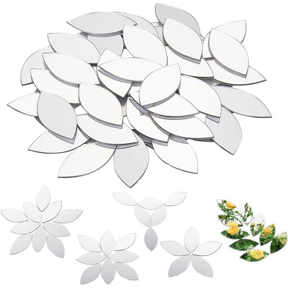 100Pcs Self-Adhesive Leaf Mosaic Tiles 1.2x0.6 Inch Mirror Mosaic Tiles 0.8mm Thick Mini Acrylic Mirror Tiles Silver DIY Mirror Mini Mirrors for Crafts Art Wall Door Home Decorations DIY