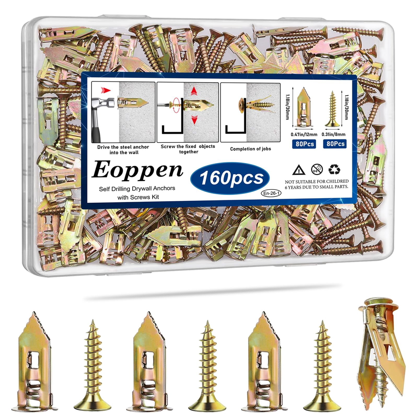 100Pcs Self Drilling Drywall Anchors with Screws Kit, 2 Sizes Sheetrock Anchors & 3 Sizes Expansion Screws, Zinc Plated Steel Drywall Anchors No Drilling Required Holds Up to 66lbs