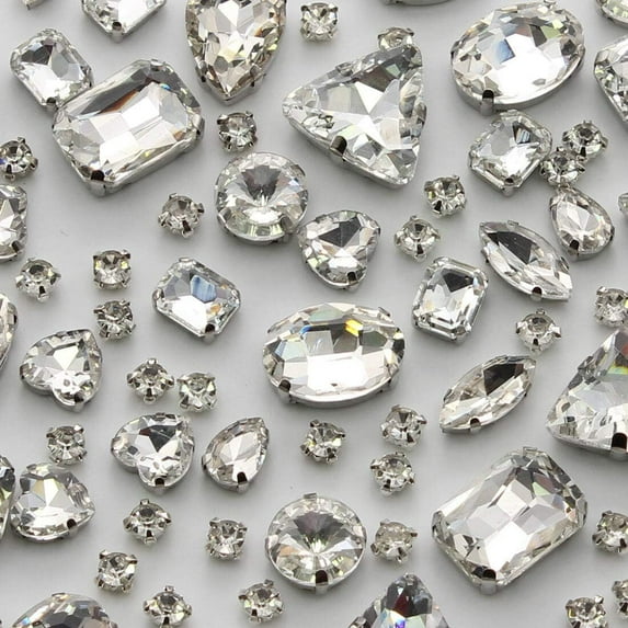 100Pcs Sew on Rhinestones, 10 Size Mixed Shapes Flatback Glass Crystal Sewing Gems with Silver Claw Prong Setting for Jewelry Crafts Clothes Shoes Costume Garment,White