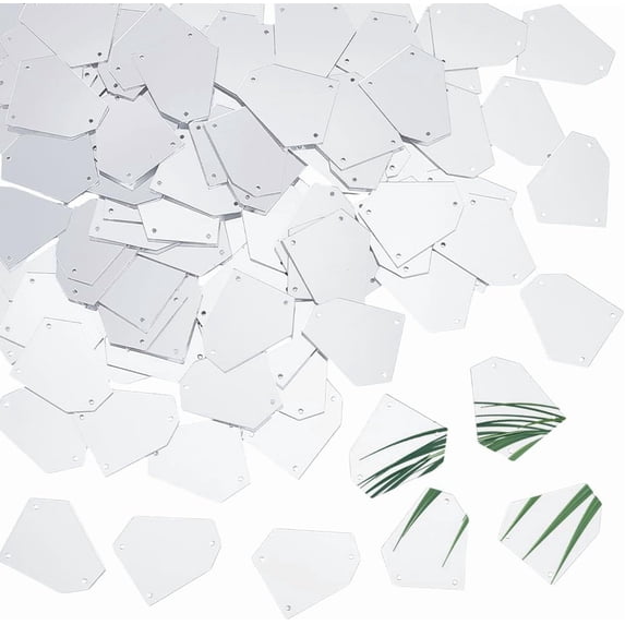 100Pcs Sew on Mirror Rhinestones 29x34mm Polygon Silver Flat Back Mirror Beads with 3 Holes Acrylic Mirrored Rhinestone Stone Mirror Pieces