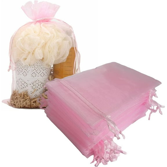 100Pcs Sheer Organza Bags,4x6In Pink Organza Gift Bags with Drawstring,Drawstring Mesh Bags,Mini Candy Bags for Small Presents,Jewelry,Earrings