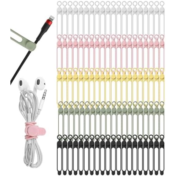 100Pcs Silicone Cable Ties Cord Organizer for Bundling Earphone, Phone Charger, Computer Cords, Reusable Cable Ties Wire Organizer in Home,Office,Kitchen,School (5 Colors)
