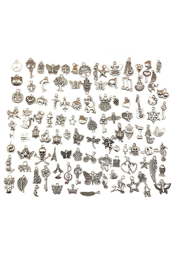 100Pcs Silver Charms for Jewelry Making Wholesale Bulk Tibetan Silver Charm Pendants for DIY Necklace Bracelet Earring Craft Supplies