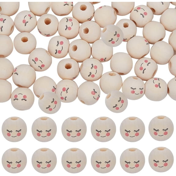 100Pcs Smile Face Wood Beads 18mm Circle Wooden Beads Loose Round Spacer Ball Beads with 5mm Hole Smiling Face Doll Head Beads