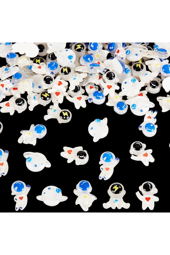 100Pcs Space Theme Flatback Resin Charms - 5 Styles Cute Astronaut Planet Resin Cabochons Ornaments - Craft Making Supplies for Accessories Phone Case Scrapbooking Decor DIY