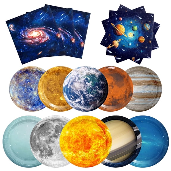 100Pcs Space Themed Party Supplies Plates and Napkins for 25 Guests - Galaxy Planet Tableware Set Solar System Birthday Party Decorations Y114