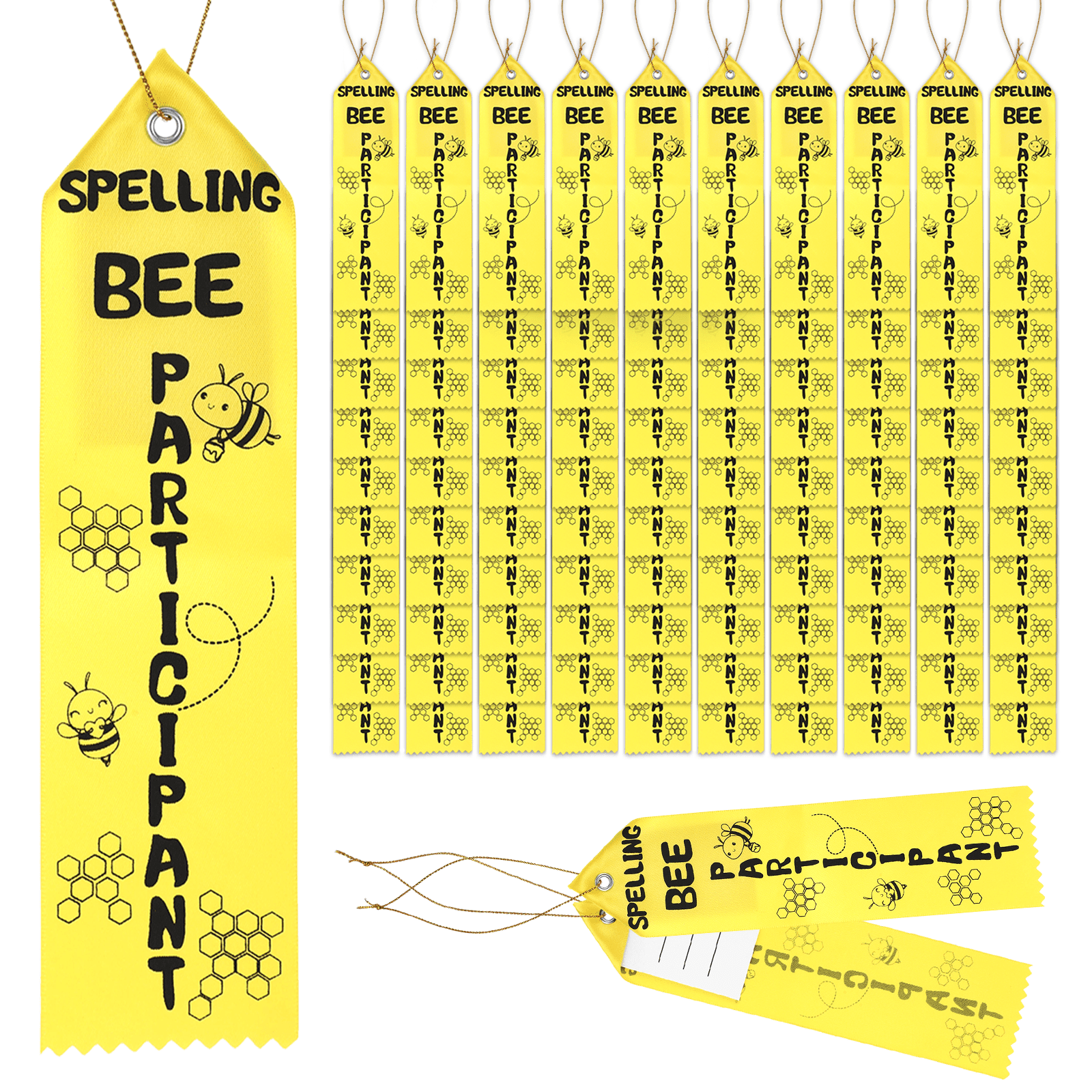 100Pcs Spelling Contest Reward Ribbons, Yellow Bee Theme with Matching Cards and Lanyards, Cute Eye-Catching Participant Ribbons for Contest Rewards Display and Gifting