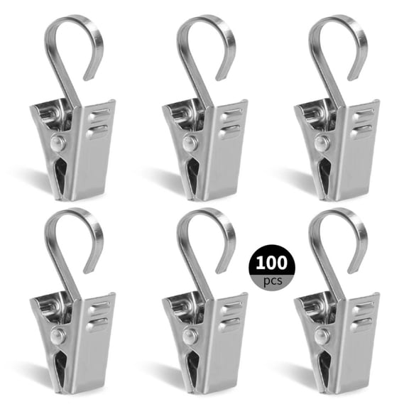 100Pcs Stainless Steel Curtain Clips with Hooks, Heavy Duty Non-Slip Gear Clip, Rustproof Hanger Clips for String Light, Photo, Party Decor