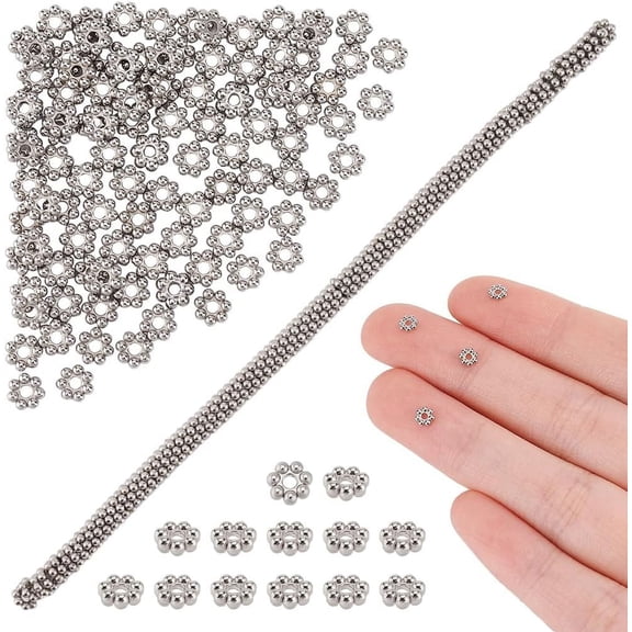 100Pcs Stainless Steel Flower Beads 4mm Daisy Loose Spacer Beads Metal Flower Beads Silver Floral Beads Tibetan Style Granulated Floral Beads for Bracelets Earring Necklace