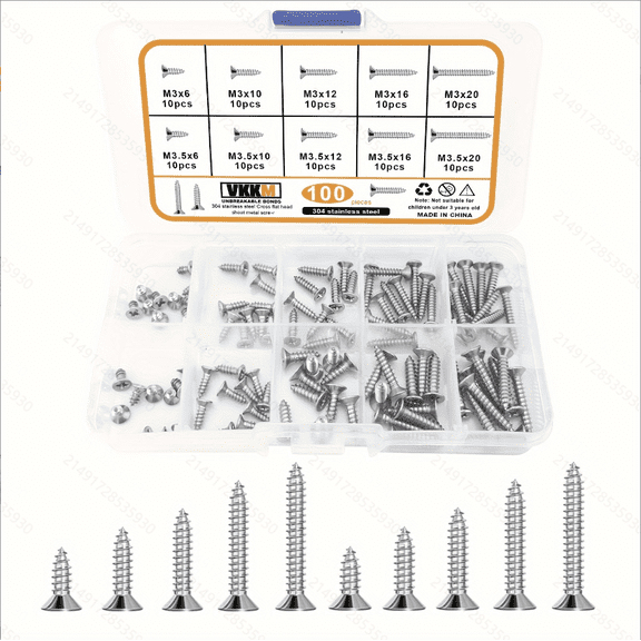 100Pcs Stainless Steel Self Tapping Screws Assortment Kit, M3/M3.5 Flat Head Phillips Drive Wood Screws Set, 10 Sizes