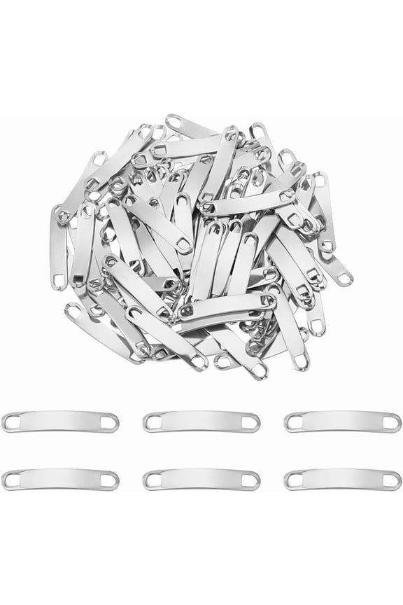 100Pcs Stamping Blank Tag 34mm Stainless Steel Link Connector Metal Blank Charm Curved Link Charm Engravable Blank Tag 2 Hole Charm Pendants for Shoes Decoration Bracelet Necklace Silver
