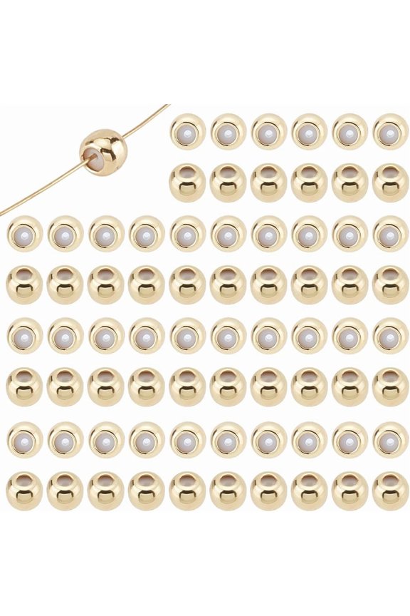 100Pcs Stop Beads 18K Gold Plated Brass and Silicone Slider Beads 4mm Round Rondelle Loose Spacer Bead for Jewelry Making Accessory Supplies DIY Craft Necklace Bracelet