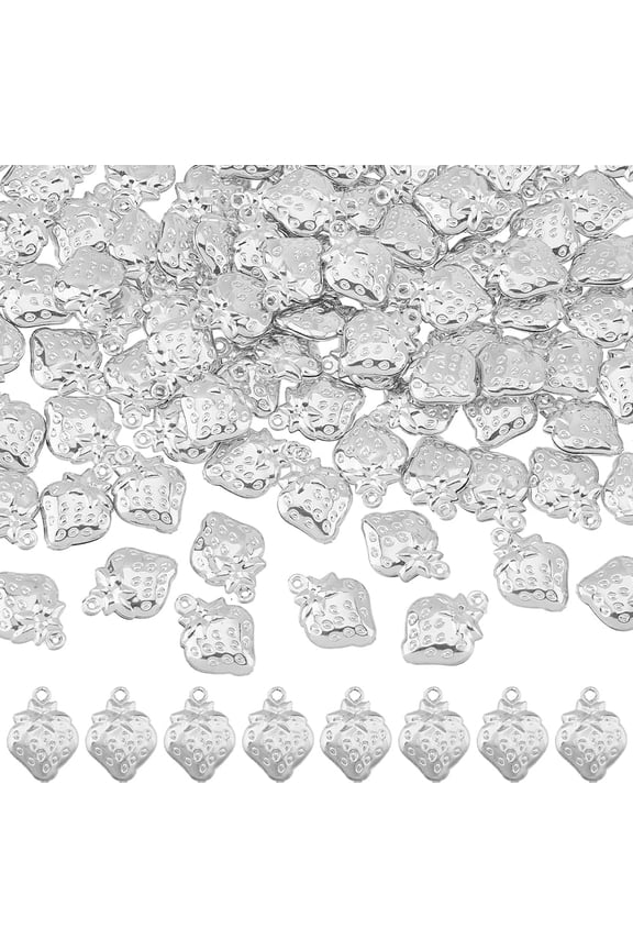 100Pcs Strawberry Charms Antique Silver 3D Fruit Charms Mini Stainless Steel Strawberry Pendant Hawaii Style Fruit Pendants for DIY Bracelets Jewelry Making Hole: 1.2mm