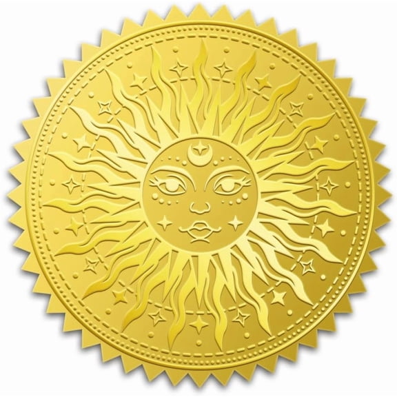 100Pcs Sun Gold Foil Stickers 2 Inch Sun Tarot Card Gold Envelopes Seals Boho Sun Face Self Adhesive Embossed Seal Labels for Invitations Greeting Card Envelopes Gift Packaging Diary Decor Gold