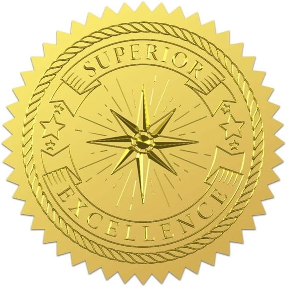 100Pcs Superior Excellence Gold Foil Stickers 2 Inch Star Gold Envelopes Seals Starburst Round Self Adhesive Embossed Seal Labels for Diplomas Invitation Gift Wrapping Graduation Envelopes