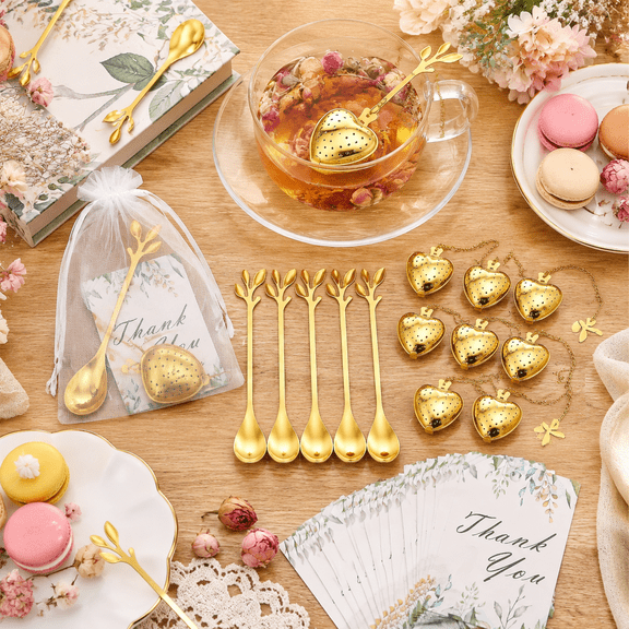 100Pcs Tea Party Favors, 25Sets Tea Infuser and Dessert Spoon with Thank You Cards, Organza Bags-Wedding Favors for Guests, Bridal Shower Favors Suitable for Weddings, Birthdays, Thanksgiving