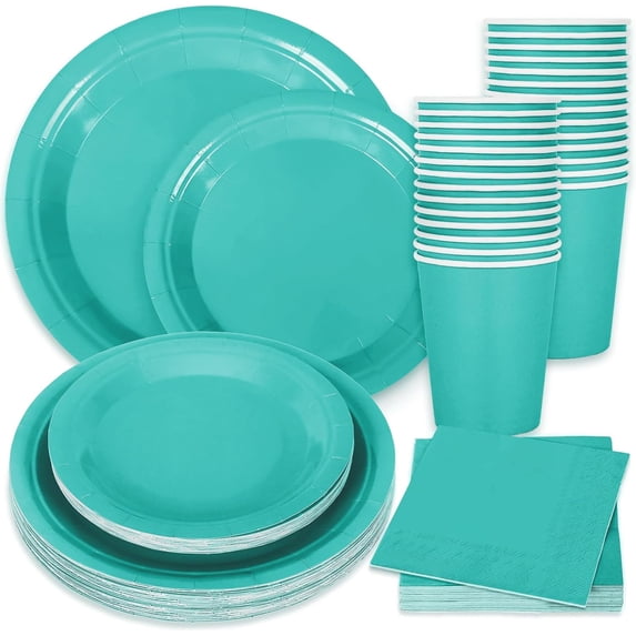 100Pcs Teal Tableware Set Teal Blue Disposable Dinnerware 50Pcs Paper Plate 25Pcs Napkin 25Pcs Cup for Birthday Wedding Baby Shower Family Picnic Party Supplies Table Decor