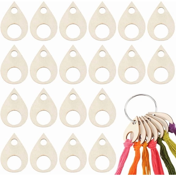100Pcs Teardrop Wood Thread Drops 1.95 x 1.36 Inch Stitch Bobbins Winding Board Card Needlework Thread Organization with Floss Ring