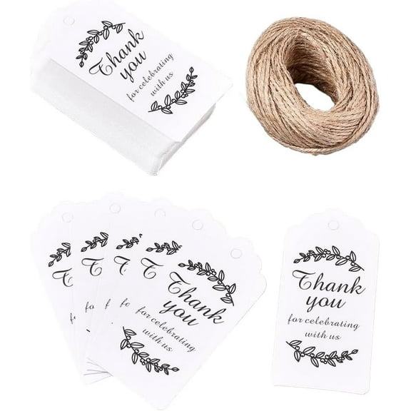 100Pcs Thank You for Celebrating with Us Paper Gift Tags Leaf Pattern Hang Tags with Jute Twine for Wedding Thanksgiving Rectangle White 9.5x4.5x0.05cm Hole 5.3mm 1set