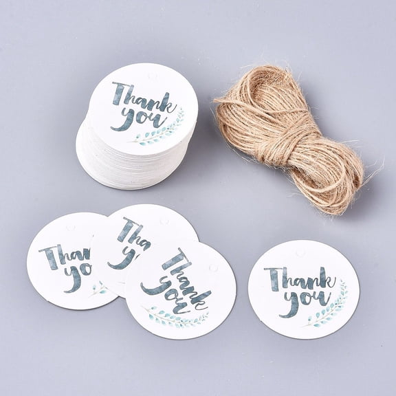 100Pcs Thank You Gift Tags White Paper Labels Leaf Pattern Flat Round Hang Tags with Jute Twine