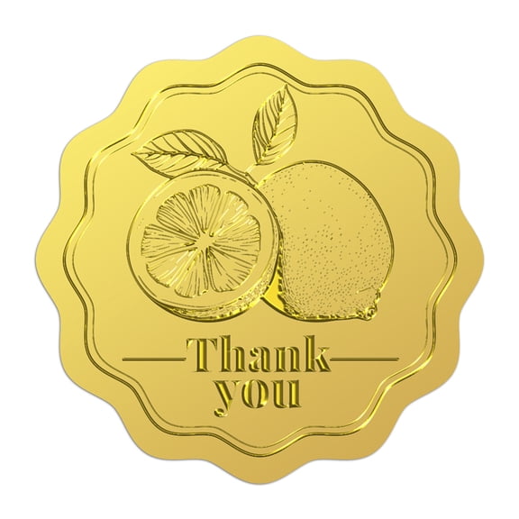 100Pcs Thank You Lemon Gold Foil Stickers 2 Inch Lemon Party Gold Embossed Envelope Seals Lemon Fruit Self Adhesive Embossed Seal Label