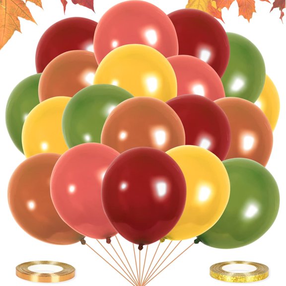 100Pcs Thanksgiving Fall Balloons with Ribbons 12 Inch Harvest Autumn Classic Color Balloons Orange Yellow Green Brown Burgundy Balloon for Fall Birthday Wedding Baby Shower Party Decor