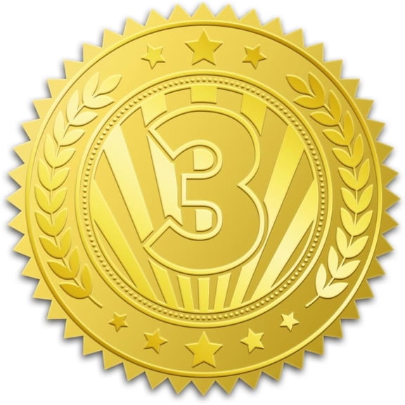100Pcs Third Place Medal Gold Foil Stickers 2 Inch 3rd Place Gold Embossed Envelopes Seals Round Self Adhesive Certificate Seal Labels for Crafts Cards Game Contests Sports Competitions Gold DIY