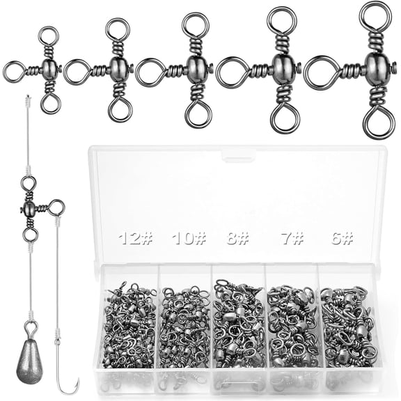 100Pcs Three Way T-Shape Fishing Swivels, 5 Sizes 6#~12# Black Nickel Stainless Steel Terminal Tackle, Freshwater Saltwater Three-Way Rig Connector for Catfish Walleye Bottom Fishing