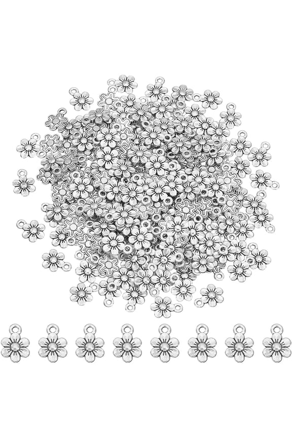 100Pcs Tibetan Style Alloy Charms Flower Antique Silver 14x10x2mm Hole: 1.6mm