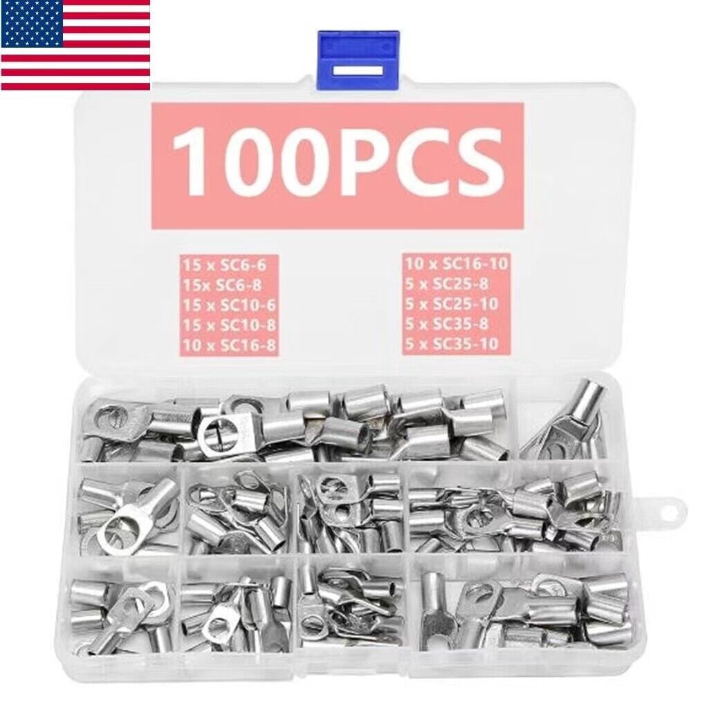 100Pcs Tin-Plated Copper Terminals Battery Cable Ends Lugs Ring Connectors Kit