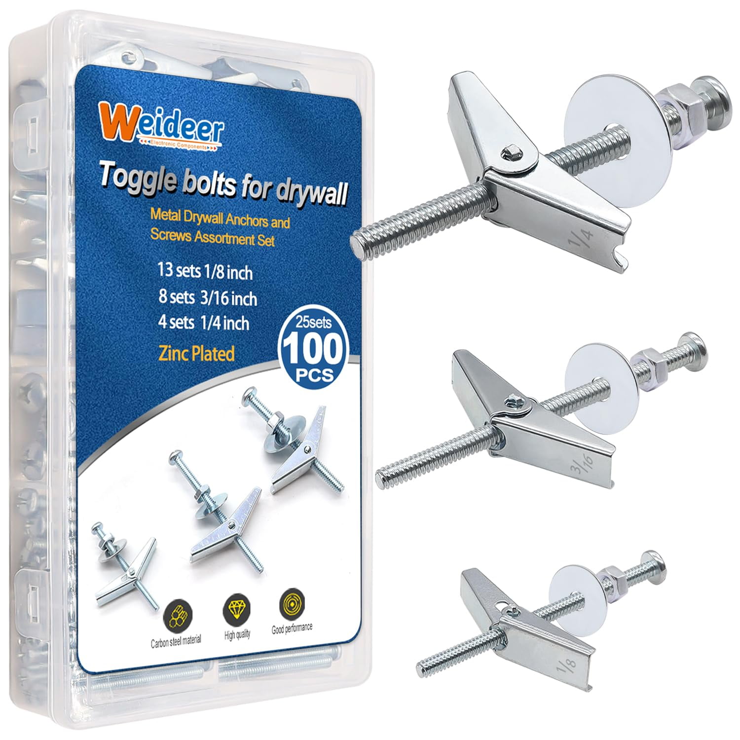 100Pcs Toggle Bolts 1/8" 3/16" 1/4" Heavy Duty Drywall Anchors and Screws Assortment Set Toggle Bolts and Wing Nut Kit with Nuts washers (25sets) K-136