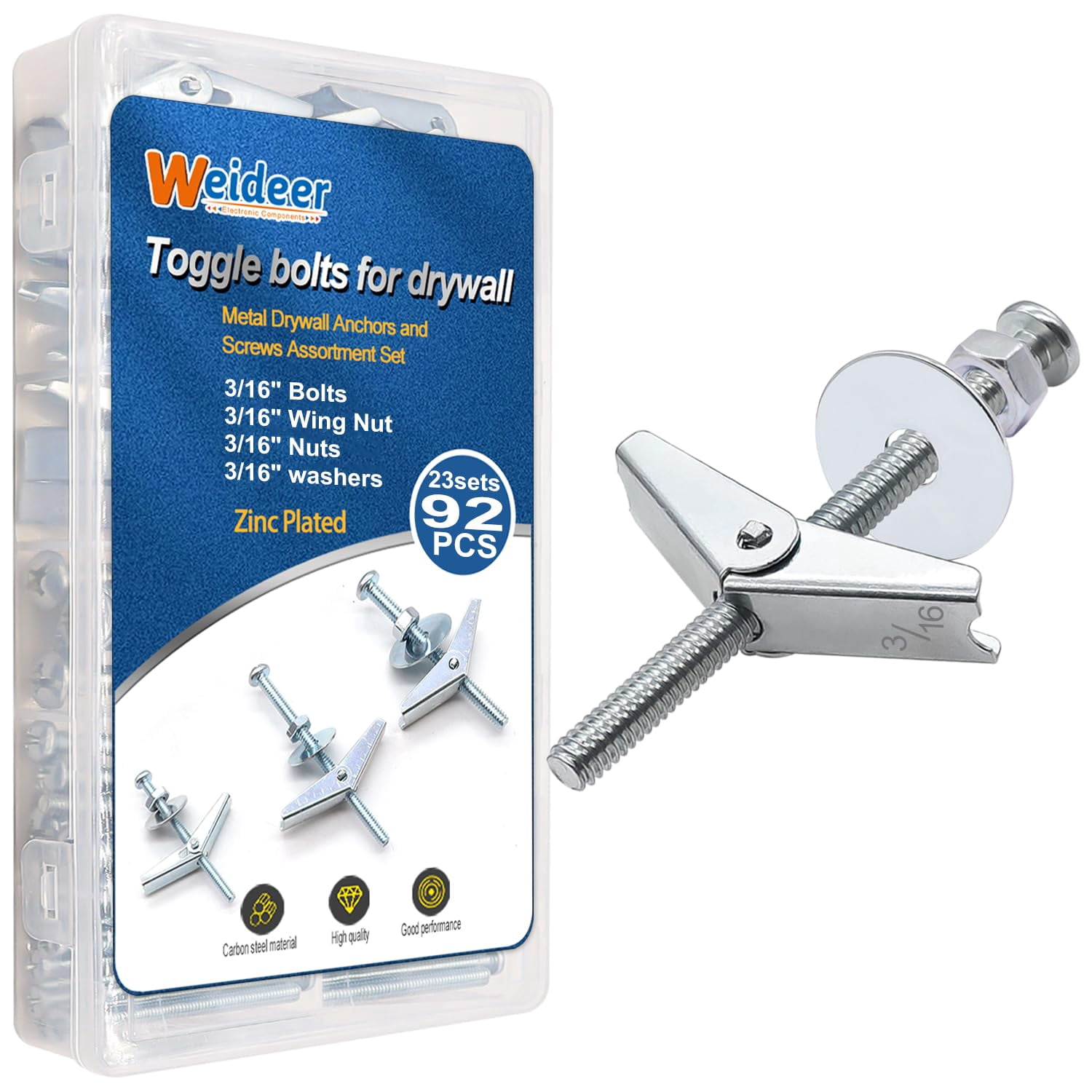 100Pcs Toggle Bolts 1/8" 3/16" 1/4" Heavy Duty Drywall Anchors and Screws Assortment Set Toggle Bolts and Wing Nut Kit with Nuts washers (25sets) K-136