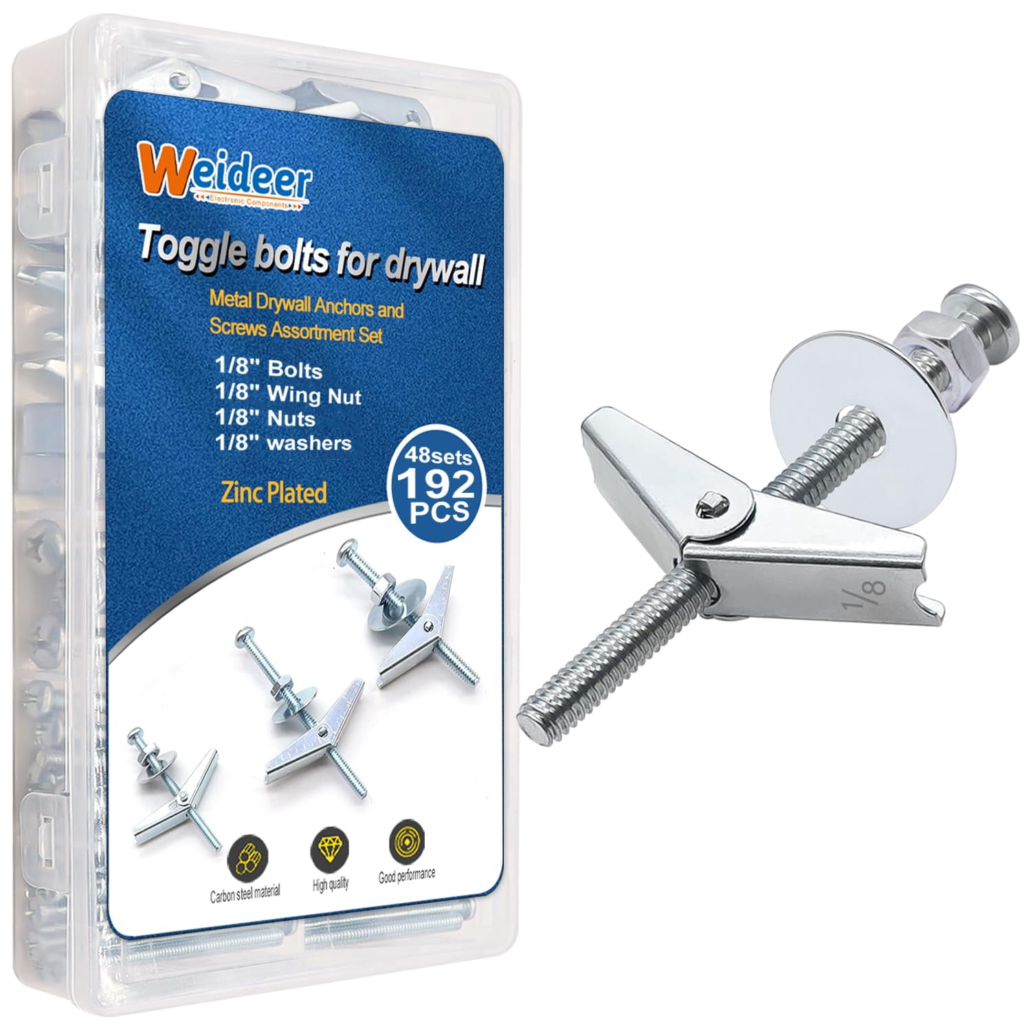 100Pcs Toggle Bolts 1/8" 3/16" 1/4" Heavy Duty Drywall Anchors and Screws Assortment Set Toggle Bolts and Wing Nut Kit with Nuts washers (25sets) K-136