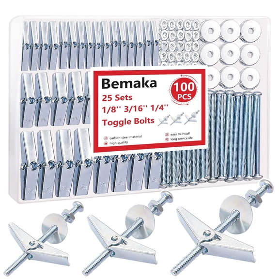 100Pcs Toggle Bolts Heavy Duty Drywall Anchors And Screws Kit, 3 Sizes 1/8" 3/16" 1/4" Hollow Wall Anchors, Toggle Bolts And Wing Nut Kit With Nuts Washers (25Sets)