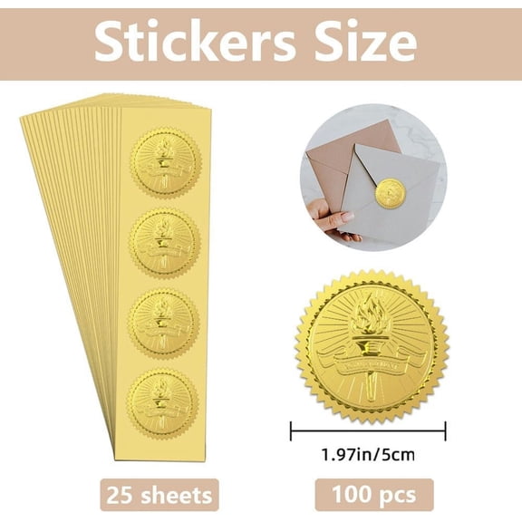 100Pcs Torch Achievement Gold Foil Stickers 2 Inch Torch Gold Foil Certificate Seals Round Gear Self Adhesive Embossed Seal Labels