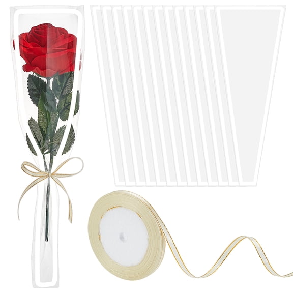 100Pcs Trapezoid OPP Plastic Flower Bouquet Bags with 22M Polyester Ribbons Clear 38.2x15x0.006cm