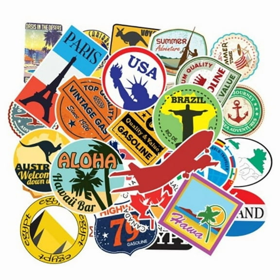 100Pcs Travel Map Country Famous Logo PVC Waterproof Stickers Decor Suitcase WA