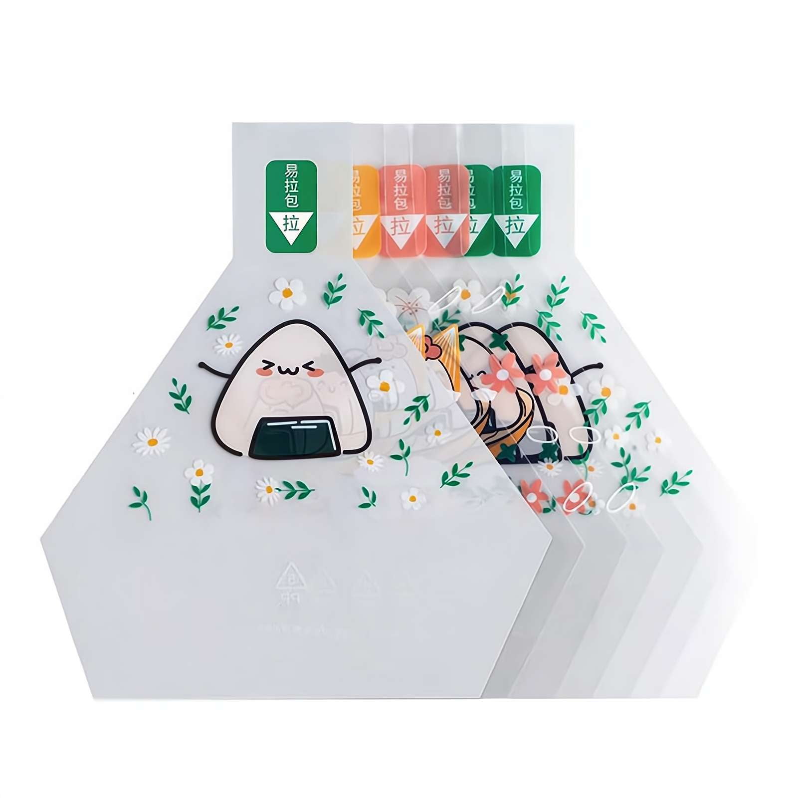 100Pcs Triangle Onigiri Wrappers Plastic Rice Balls Bags, Japanese Cute Pattern Easy Tear Disposable Onigiri baggies with for Onigiri Ball Kimbap Nigiri and Triangle Sushi Stickers, Rice YCDC