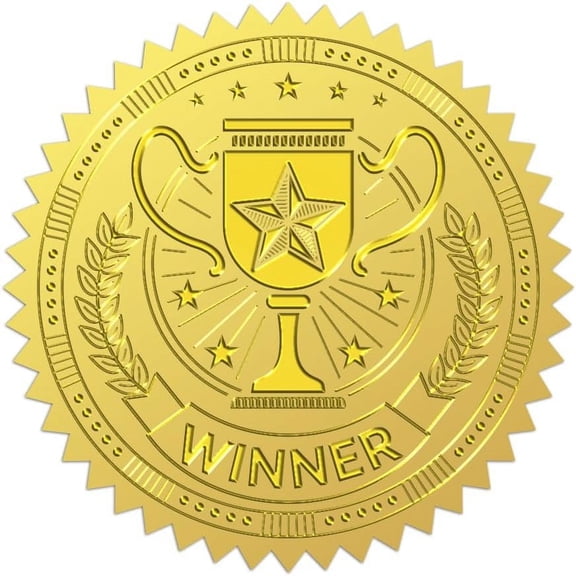 100Pcs Trophy Gold Foil Stickers 2 Inch Vintage Trophy Winner Gold Embossed Envelopes Seals Trophy Round Self Adhesive Embossed Seal Labels for Awards Certificate Envelopes Greeting Card
