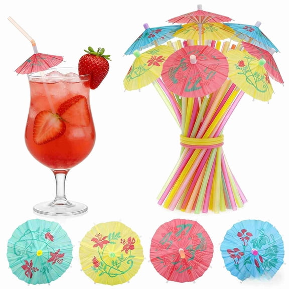 100Pcs Umbrella Straws for Cocktails, Colorful Tropical Hawaiian Luau Party Decorations (Round Shape)