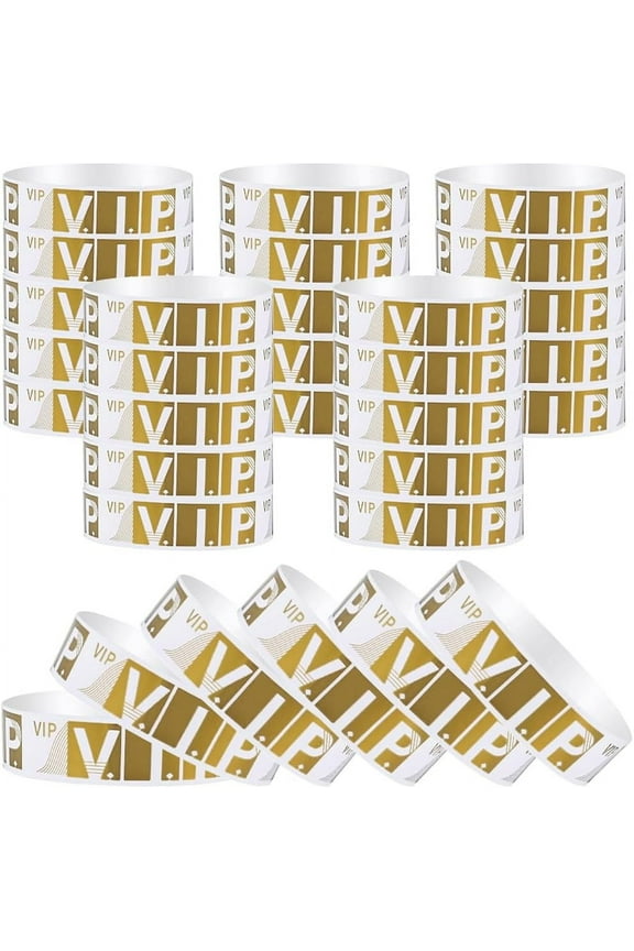 100Pcs VIP Wristbands Party Armband Waterproof Lightweight Paper Bracelets Wristband Badges Event Identification Armbands for Events Amusement Parks Clubs Concert Music Festivals Gold